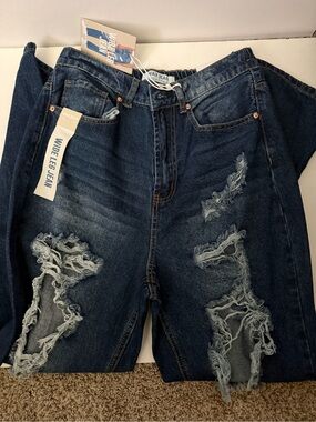 Wax Jean Dark Blue Distressed Wide Leg Jeans